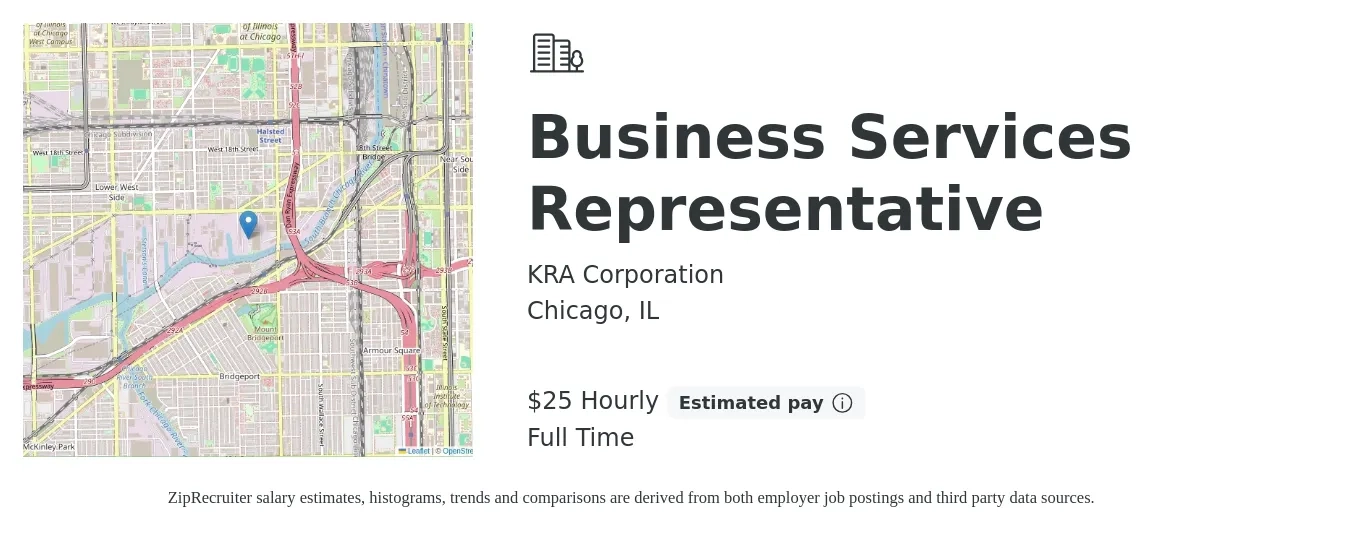 KRA Corporation job posting for a Business Services Representative in Chicago, IL with a salary of $26 to $26 Hourly with a map of Chicago location.