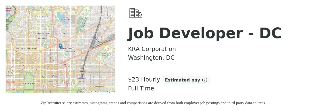 KRA Corporation job posting for a Job Developer - DC in Washington, DC with a salary of $24 Hourly with a map of Washington location.