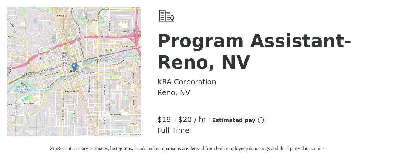 KRA Corporation job posting for a Program Assistant- Reno, NV in Reno, NV with a salary of $37,400 to $47,400 Yearly with a map of Reno location.