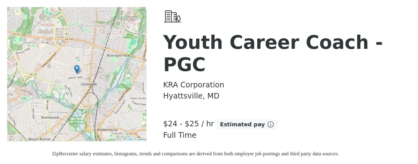 KRA Corporation job posting for a Youth Career Coach - PGC in Hyattsville, MD with a salary of $25 to $26 Hourly with a map of Hyattsville location.