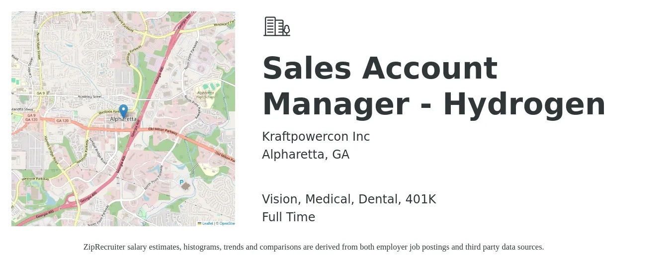 Kraftpowercon Inc job posting for a Sales Account Manager - Hydrogen in Alpharetta, GA with a salary of $49,300 to $78,100 Yearly and benefits including vision, 401k, dental, life_insurance, and medical with a map of Alpharetta location.