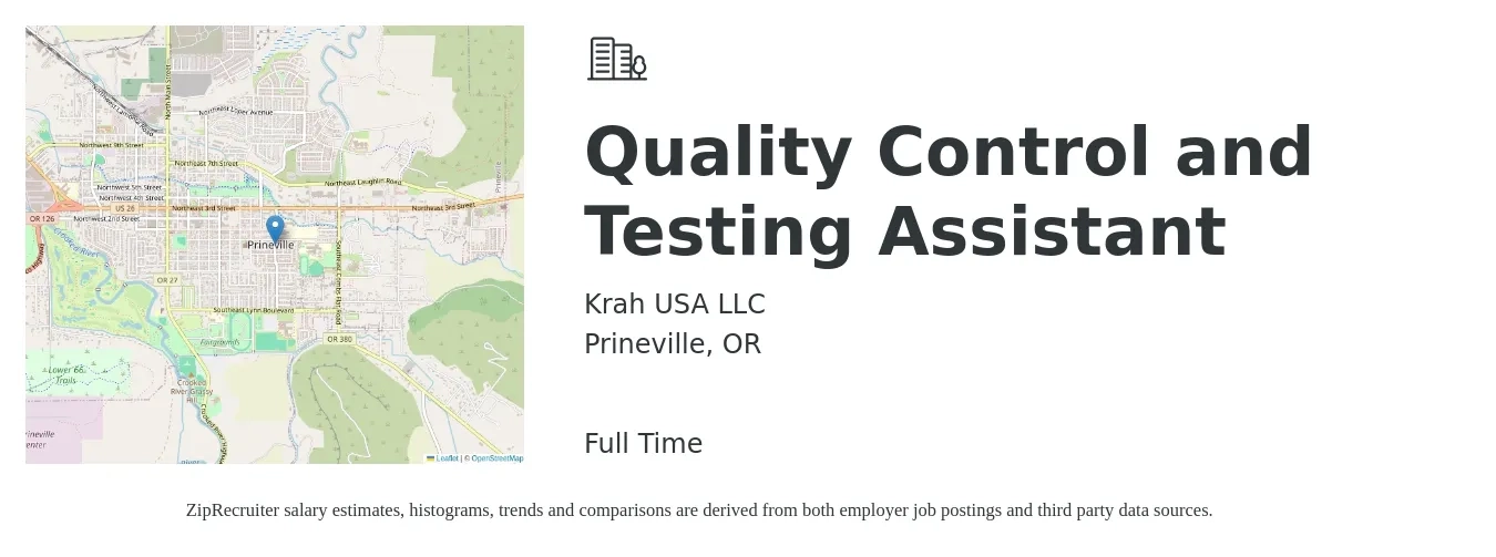 Krah USA LLC job posting for a Quality Control and Testing Assistant in Prineville, OR with a salary of $17 to $24 Hourly with a map of Prineville location.