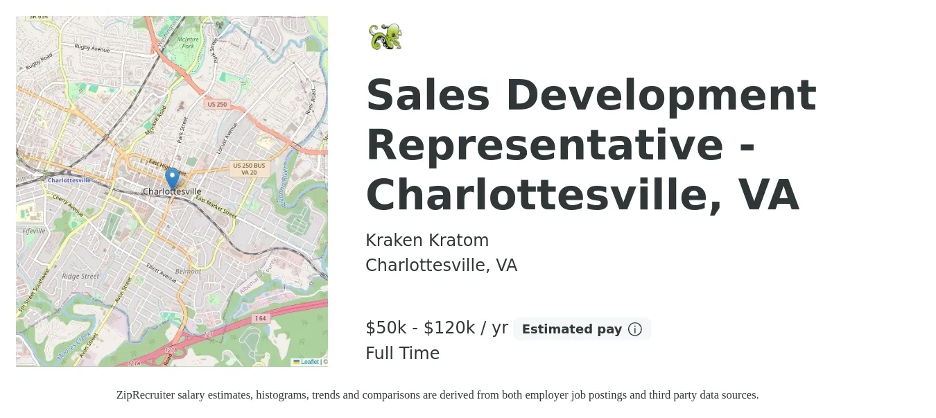 Kraken Kratom job posting for a Sales Development Representative - Charlottesville, VA in Charlottesville, VA with a salary of $50,000 to $120,000 Yearly with a map of Charlottesville location.