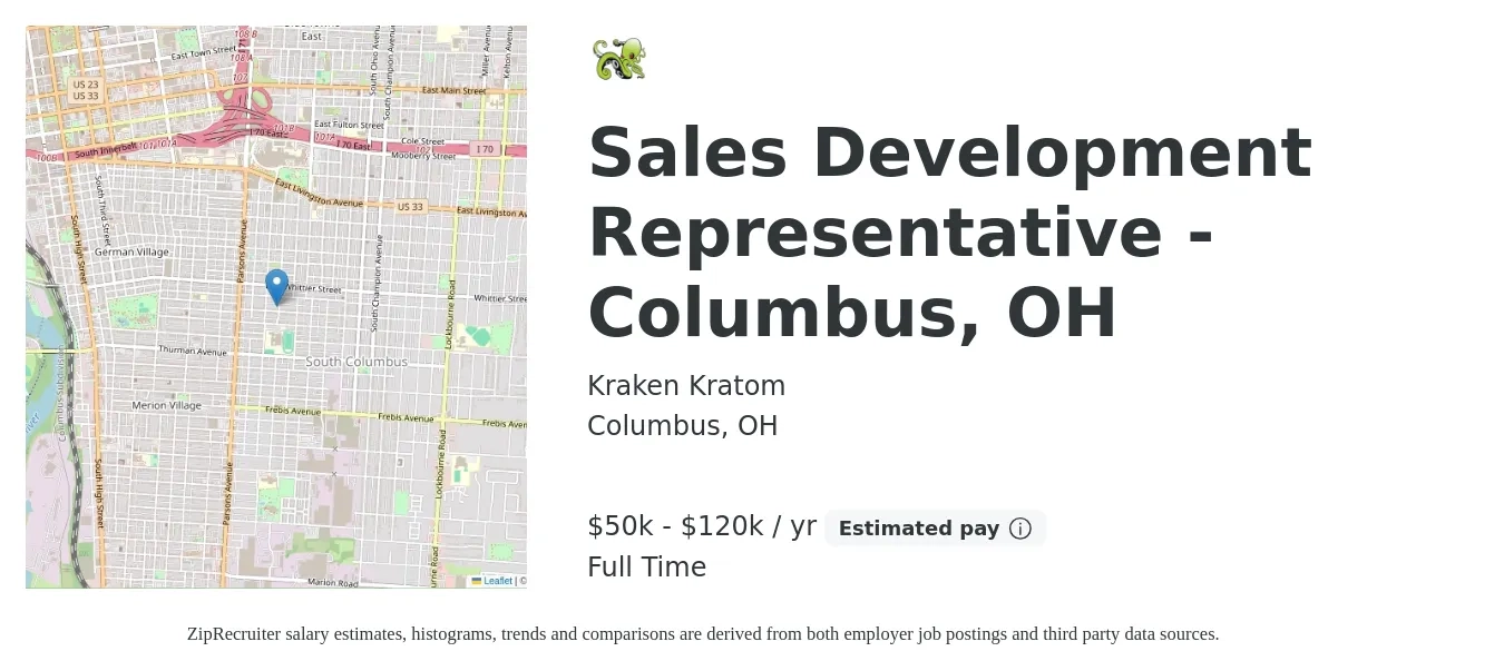 Kraken Kratom job posting for a Sales Development Representative - Columbus, OH in Columbus, OH with a salary of $50,000 to $120,000 Yearly with a map of Columbus location.