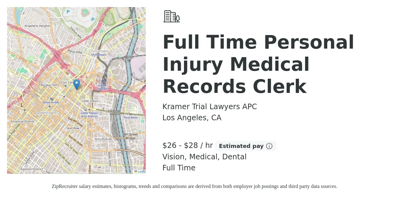 Kramer Trial Lawyers APC job posting for a Full Time Personal Injury Medical Records Clerk in Los Angeles, CA with a salary of $28 to $30 Hourly and benefits including dental, medical, retirement, and vision with a map of Los Angeles location.