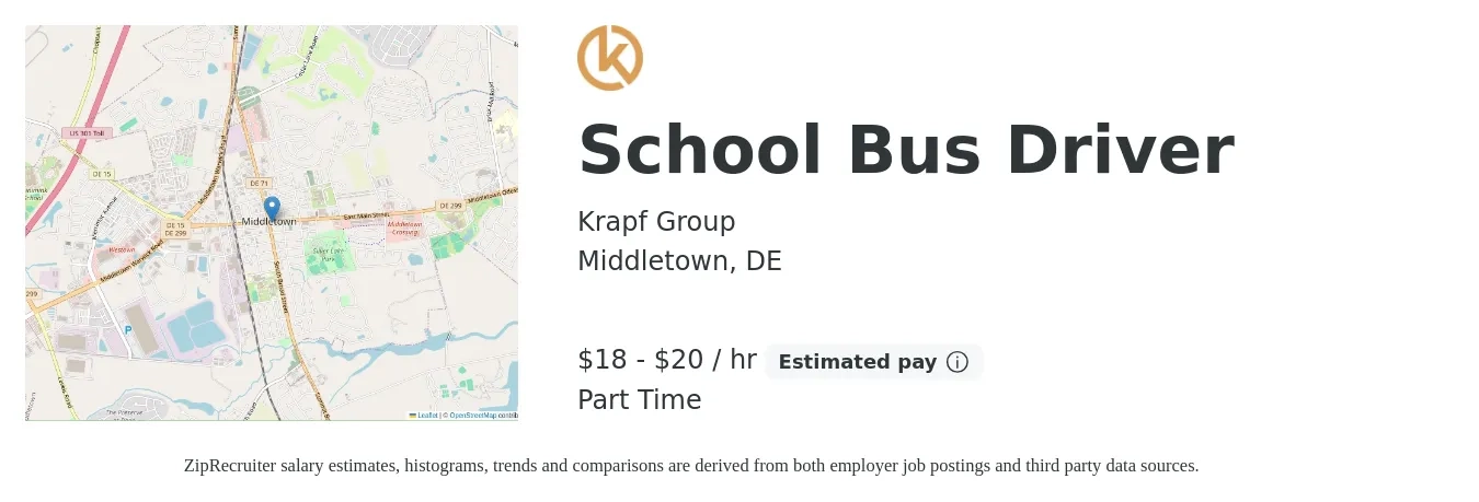 Krapf Group job posting for a School Bus Driver in Middletown, DE with a salary of $19 to $21 Hourly with a map of Middletown location.