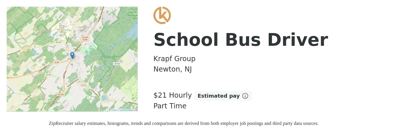 Krapf Group job posting for a School Bus Driver in Newton, NJ with a salary of $22 Hourly with a map of Newton location.