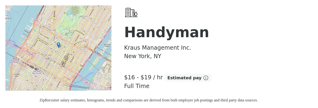 Kraus Management Inc. job posting for a Handyman in New York, NY with a salary of $17 to $20 Hourly with a map of New York location.