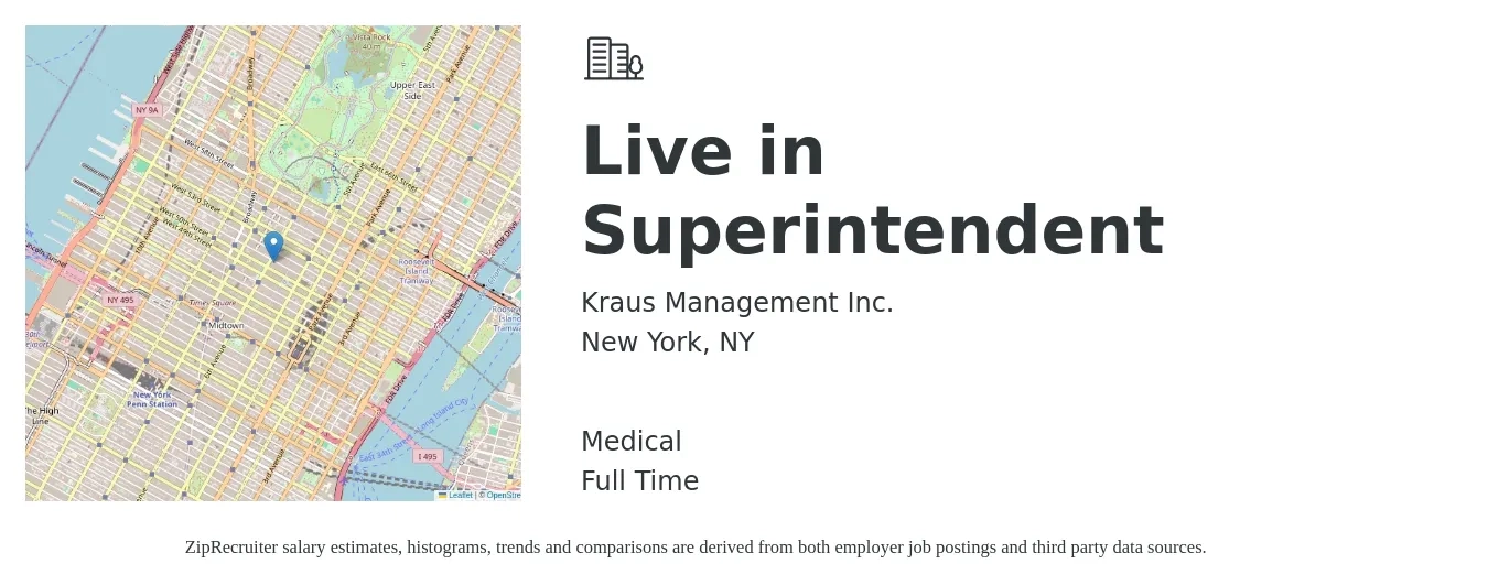 Kraus Management Inc. job posting for a Live in Superintendent in New York, NY with a salary of $49,800 to $78,200 Yearly and benefits including medical with a map of New York location.