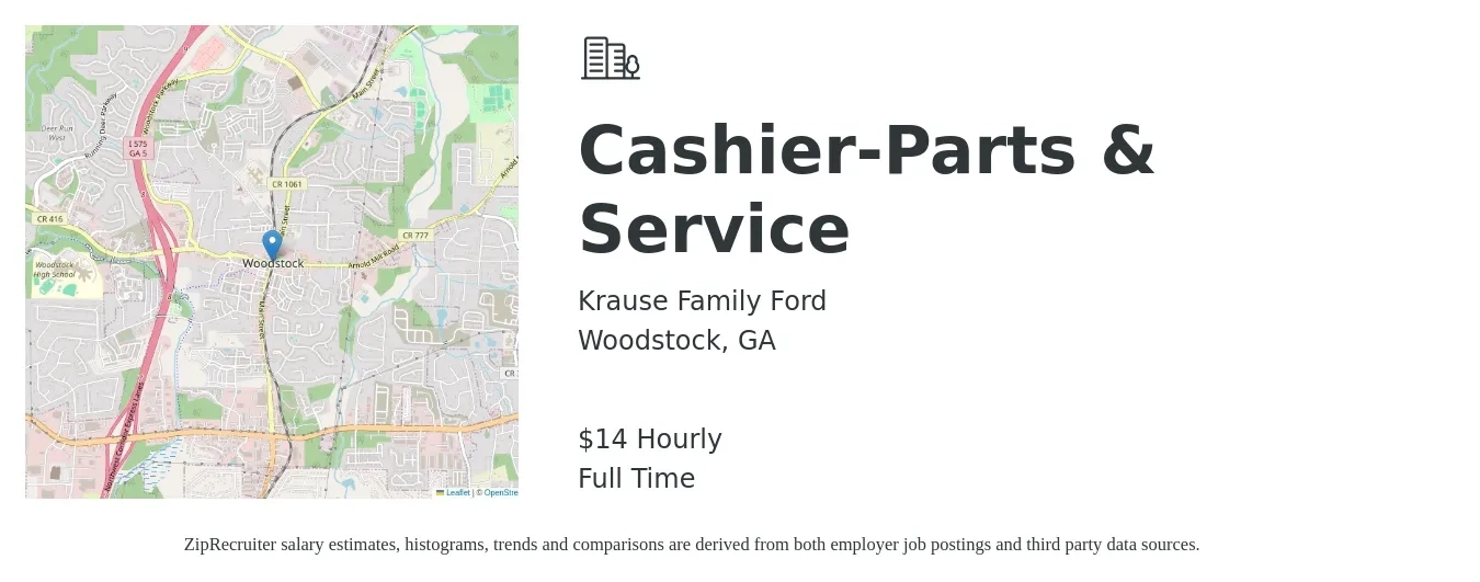 Krause Family Ford job posting for a Cashier-Parts & Service in Woodstock, GA with a salary of $15 Hourly with a map of Woodstock location.