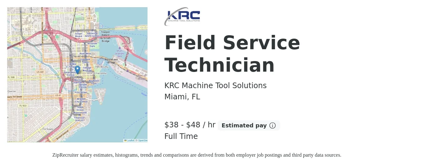 KRC Machine Tool Solutions job posting for a Field Service Technician in Miami, FL with a salary of $40 to $50 Hourly and benefits including vision, dental, life_insurance, medical, and retirement with a map of Miami location.