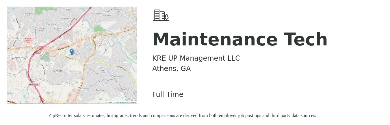 KRE UP Management LLC job posting for a Maintenance Tech in Athens, GA with a salary of $17 to $23 Hourly with a map of Athens location.