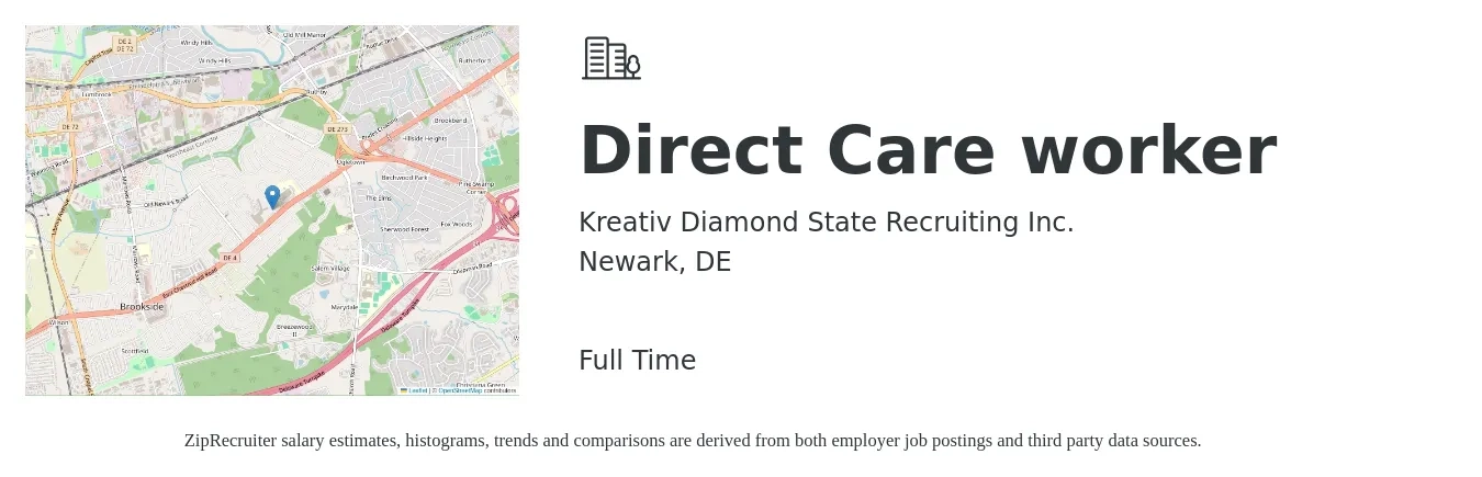Kreativ Diamond State Recruiting Inc. job posting for a Direct Care worker in Newark, DE with a salary of $13 to $17 Hourly with a map of Newark location.