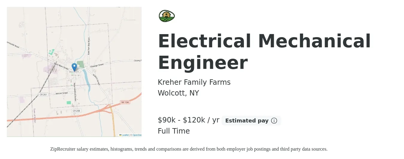 Kreher Family Farms job posting for a Electrical Mechanical Engineer in Wolcott, NY with a salary of $90,000 to $120,000 Yearly with a map of Wolcott location.