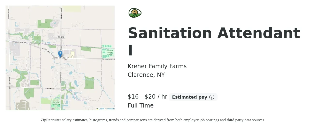 Kreher Family Farms job posting for a Sanitation Attendant I in Clarence, NY with a salary of $17 to $21 Hourly with a map of Clarence location.