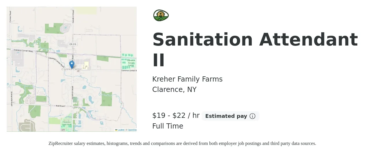 Kreher Family Farms job posting for a Sanitation Attendant II in Clarence, NY with a salary of $20 to $23 Hourly with a map of Clarence location.