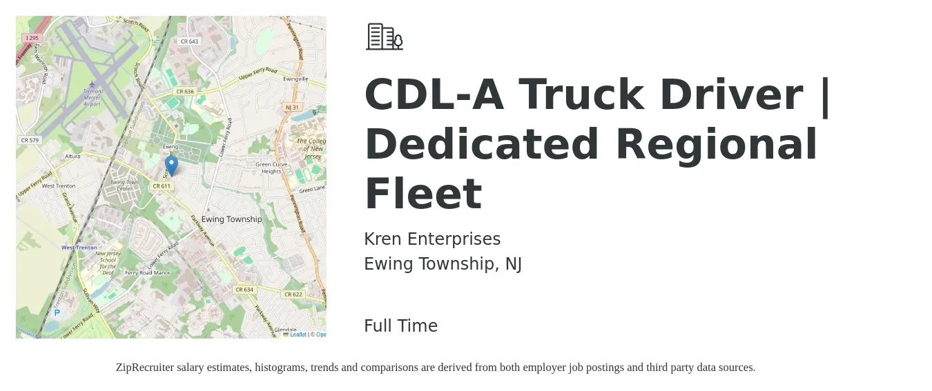 Kren Enterprises job posting for a CDL-A Truck Driver | Dedicated Regional Fleet in Ewing Township, NJ with a salary of $1,900 Weekly with a map of Ewing Township location.