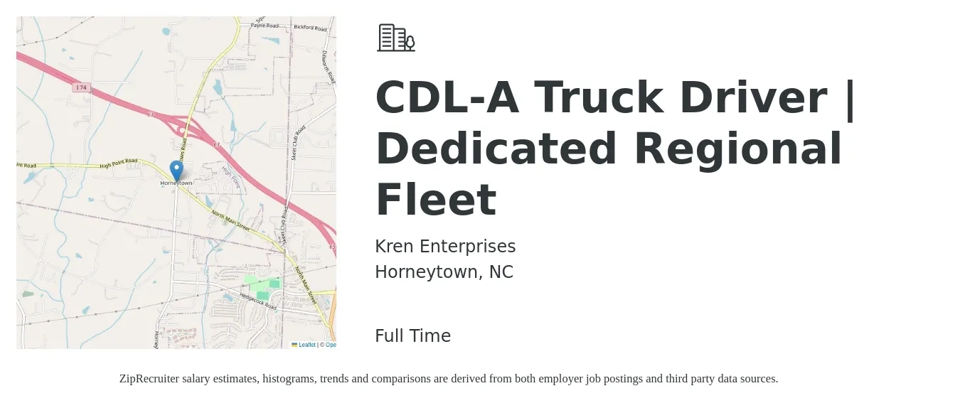 Kren Enterprises job posting for a CDL-A Truck Driver | Dedicated Regional Fleet in Horneytown, NC with a salary of $1,500 Weekly with a map of Horneytown location.