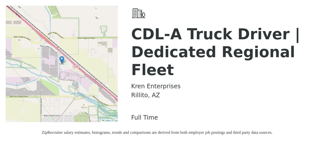 Kren Enterprises job posting for a CDL-A Truck Driver | Dedicated Regional Fleet in Rillito, AZ with a salary of $1,700 Weekly with a map of Rillito location.