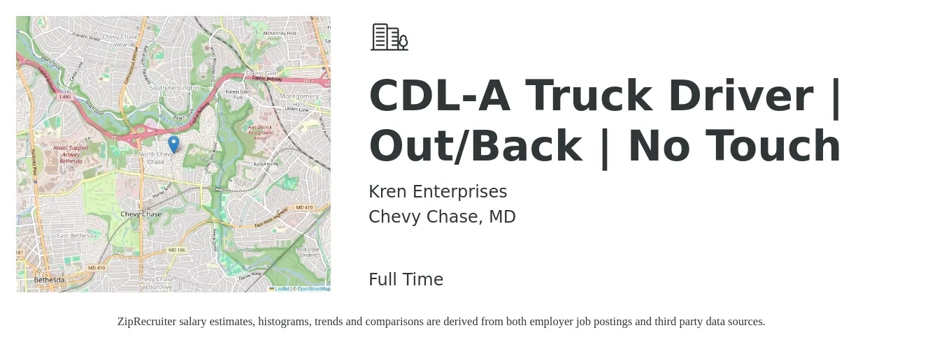 Kren Enterprises job posting for a CDL-A Truck Driver | Out/Back | No Touch in Chevy Chase, MD with a salary of $1,890 Weekly with a map of Chevy Chase location.