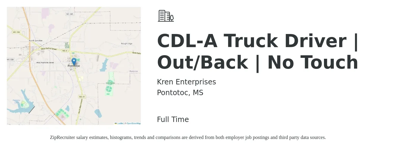 Kren Enterprises job posting for a CDL-A Truck Driver | Out/Back | No Touch in Pontotoc, MS with a salary of $1,890 Weekly with a map of Pontotoc location.