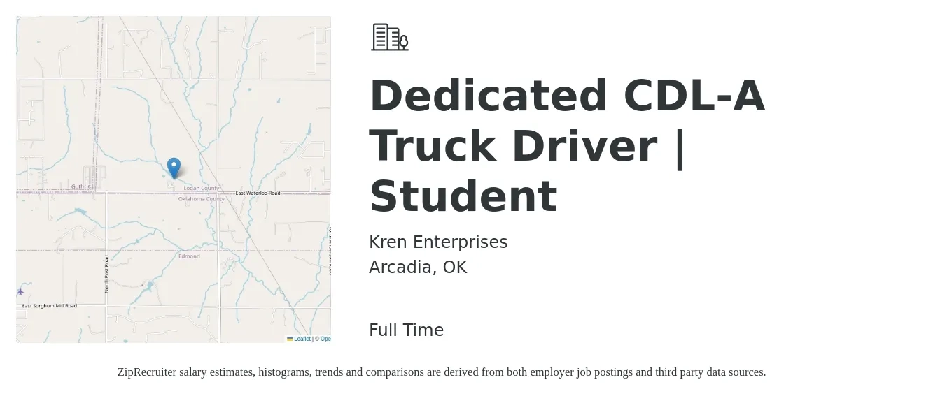 Kren Enterprises job posting for a Dedicated CDL-A Truck Driver | Student in Arcadia, OK with a salary of $1,625 Weekly with a map of Arcadia location.