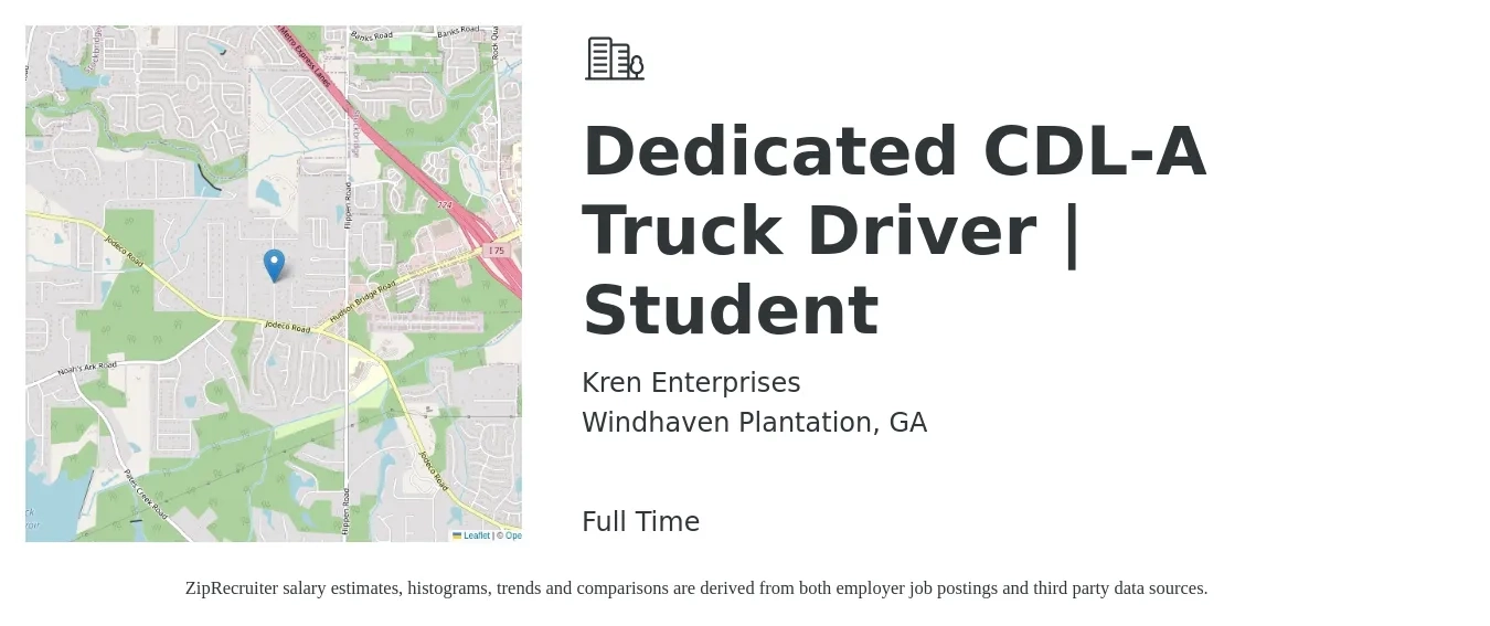 Kren Enterprises job posting for a Dedicated CDL-A Truck Driver | Student in Windhaven Plantation, GA with a salary of $1,625 Weekly with a map of Windhaven Plantation location.