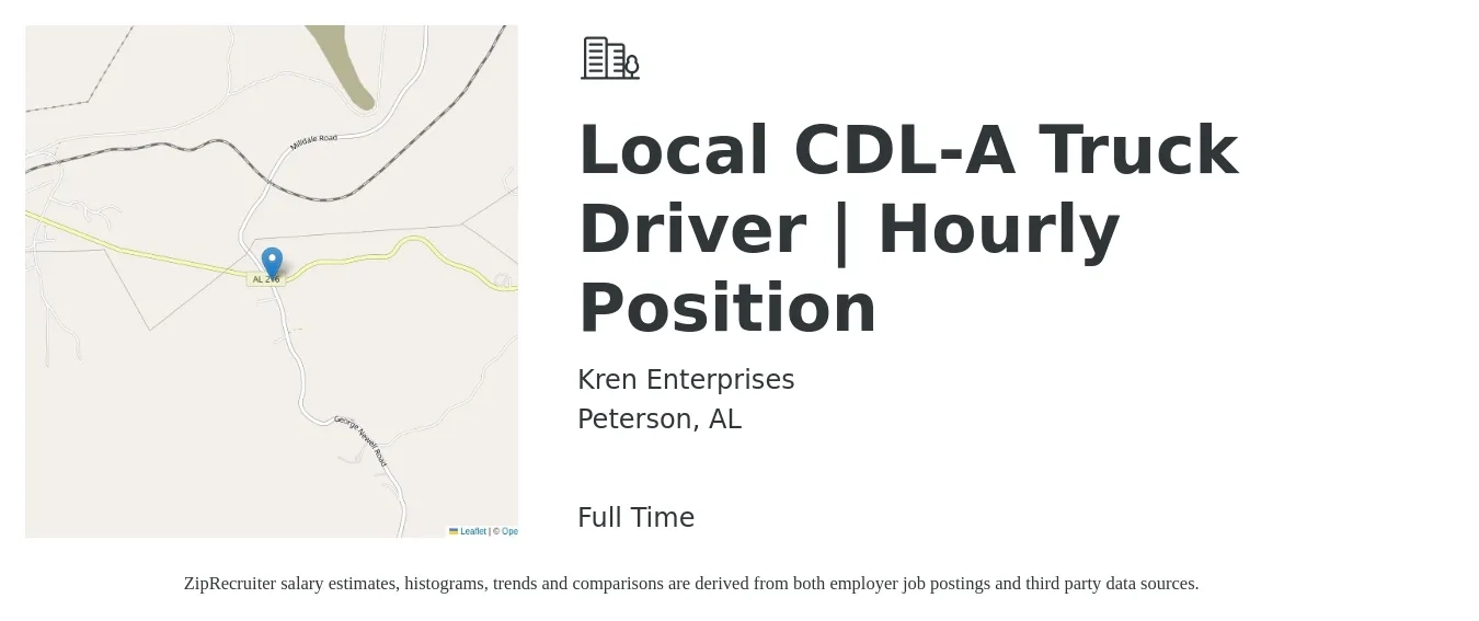 Kren Enterprises job posting for a Local CDL-A Truck Driver | Hourly Position in Peterson, AL with a salary of $1,510 Weekly with a map of Peterson location.