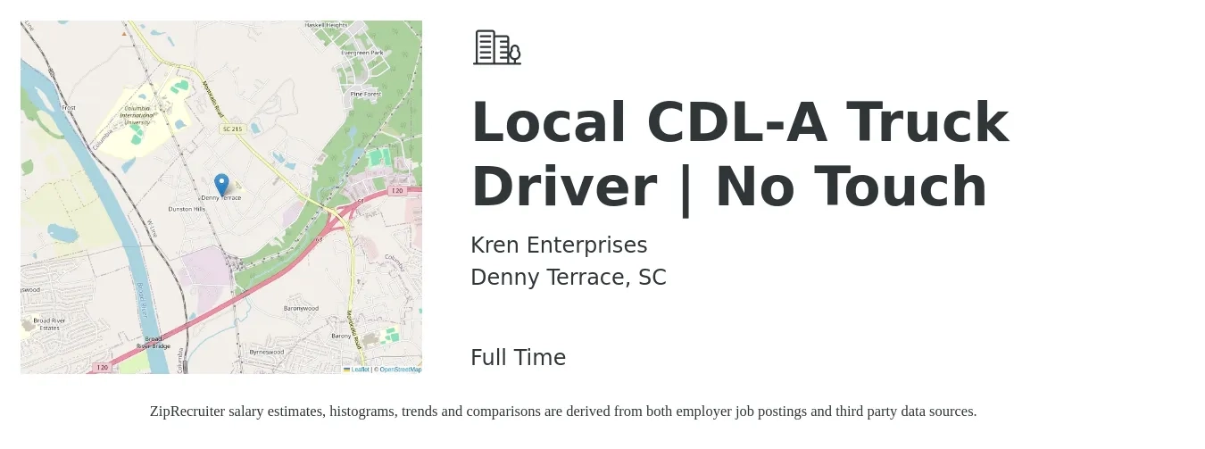 Kren Enterprises job posting for a Local CDL-A Truck Driver | No Touch in Denny Terrace, SC with a salary of $1,450 Weekly with a map of Denny Terrace location.