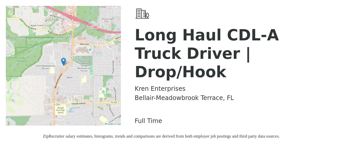 Kren Enterprises job posting for a Long Haul CDL-A Truck Driver | Drop/Hook in Bellair-Meadowbrook Terrace, FL with a salary of $1,400 Weekly with a map of Bellair-Meadowbrook Terrace location.