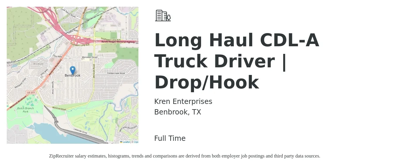 Kren Enterprises job posting for a Long Haul CDL-A Truck Driver | Drop/Hook in Benbrook, TX with a salary of $1,400 Weekly with a map of Benbrook location.