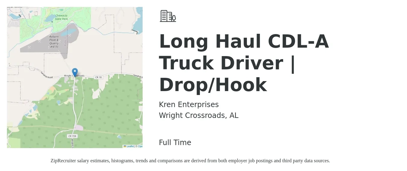 Kren Enterprises job posting for a Long Haul CDL-A Truck Driver | Drop/Hook in Wright Crossroads, AL with a salary of $1,400 Weekly with a map of Wright Crossroads location.