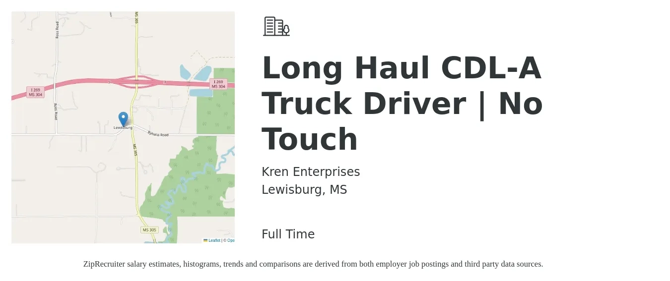 Kren Enterprises job posting for a Long Haul CDL-A Truck Driver | No Touch in Lewisburg, MS with a salary of $1,625 Weekly with a map of Lewisburg location.