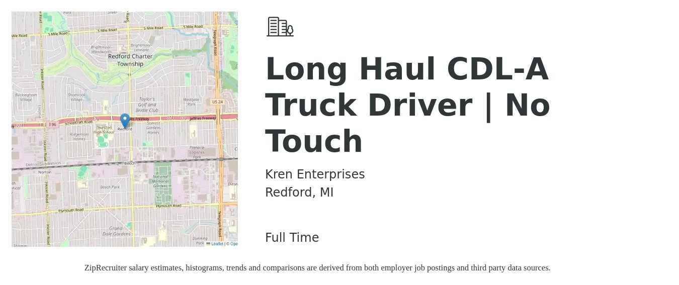 Kren Enterprises job posting for a Long Haul CDL-A Truck Driver | No Touch in Redford, MI with a salary of $1,625 Weekly with a map of Redford location.