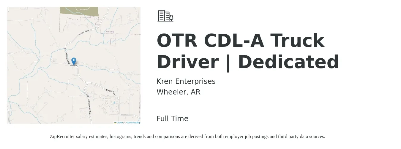 Kren Enterprises job posting for a OTR CDL-A Truck Driver | Dedicated in Wheeler, AR with a salary of $1,625 Weekly with a map of Wheeler location.