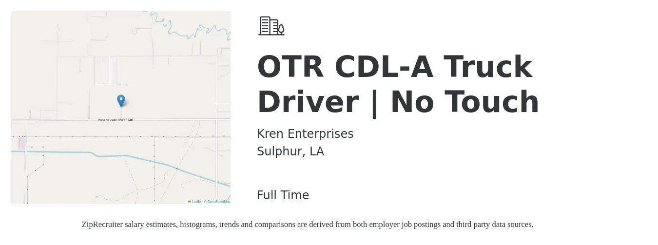 Kren Enterprises job posting for a OTR CDL-A Truck Driver | No Touch in Sulphur, LA with a salary of $1,400 Weekly with a map of Sulphur location.