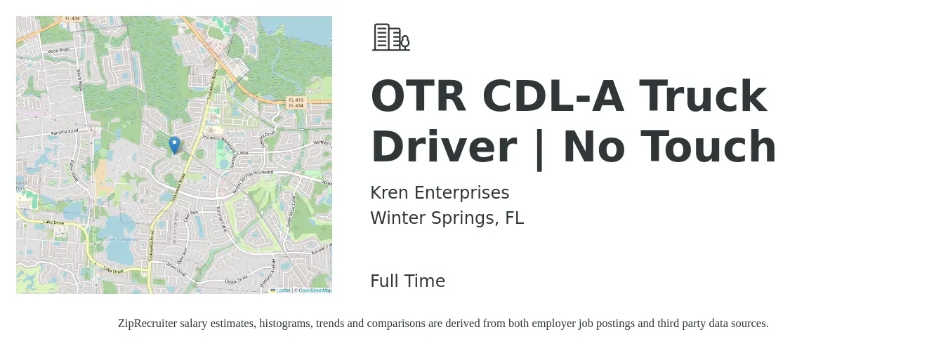 Kren Enterprises job posting for a OTR CDL-A Truck Driver | No Touch in Winter Springs, FL with a salary of $1,400 Weekly with a map of Winter Springs location.