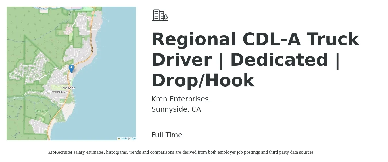 Kren Enterprises job posting for a Regional CDL-A Truck Driver | Dedicated | Drop/Hook in Sunnyside, CA with a salary of $1,700 Weekly with a map of Sunnyside location.