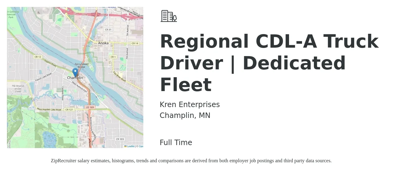 Kren Enterprises job posting for a Regional CDL-A Truck Driver | Dedicated Fleet in Champlin, MN with a salary of $1,400 Weekly with a map of Champlin location.
