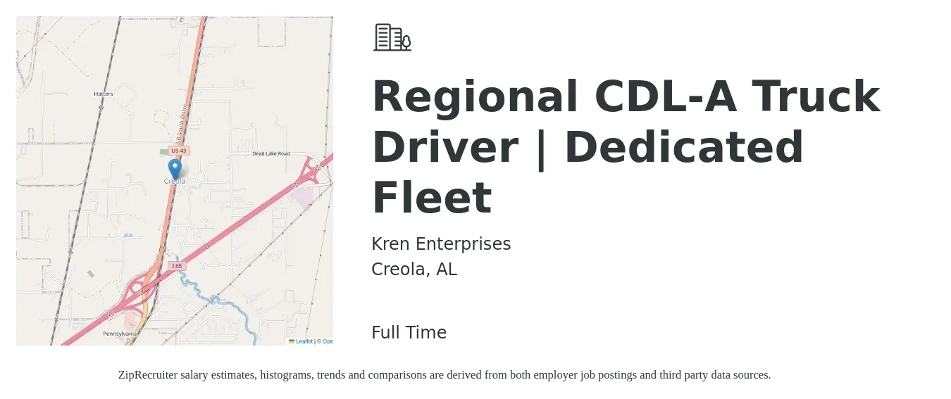 Kren Enterprises job posting for a Regional CDL-A Truck Driver | Dedicated Fleet in Creola, AL with a salary of $1,890 Weekly with a map of Creola location.