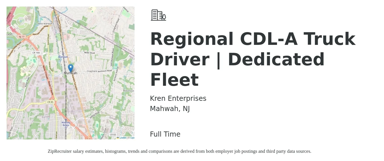 Kren Enterprises job posting for a Regional CDL-A Truck Driver | Dedicated Fleet in Mahwah, NJ with a salary of $1,890 Weekly with a map of Mahwah location.