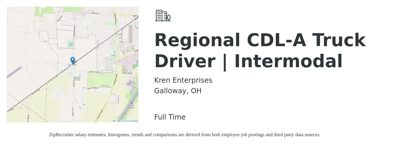 Kren Enterprises job posting for a Regional CDL-A Truck Driver | Intermodal in Galloway, OH with a salary of $1,500 Weekly with a map of Galloway location.