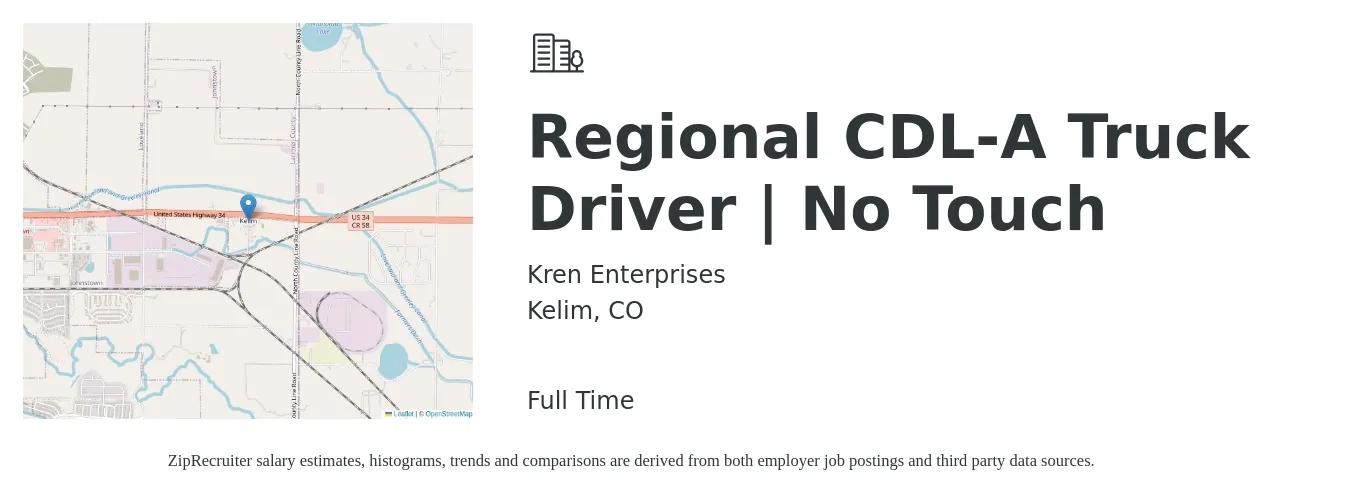 Kren Enterprises job posting for a Regional CDL-A Truck Driver | No Touch in Kelim, CO with a salary of $1,200 Weekly with a map of Kelim location.
