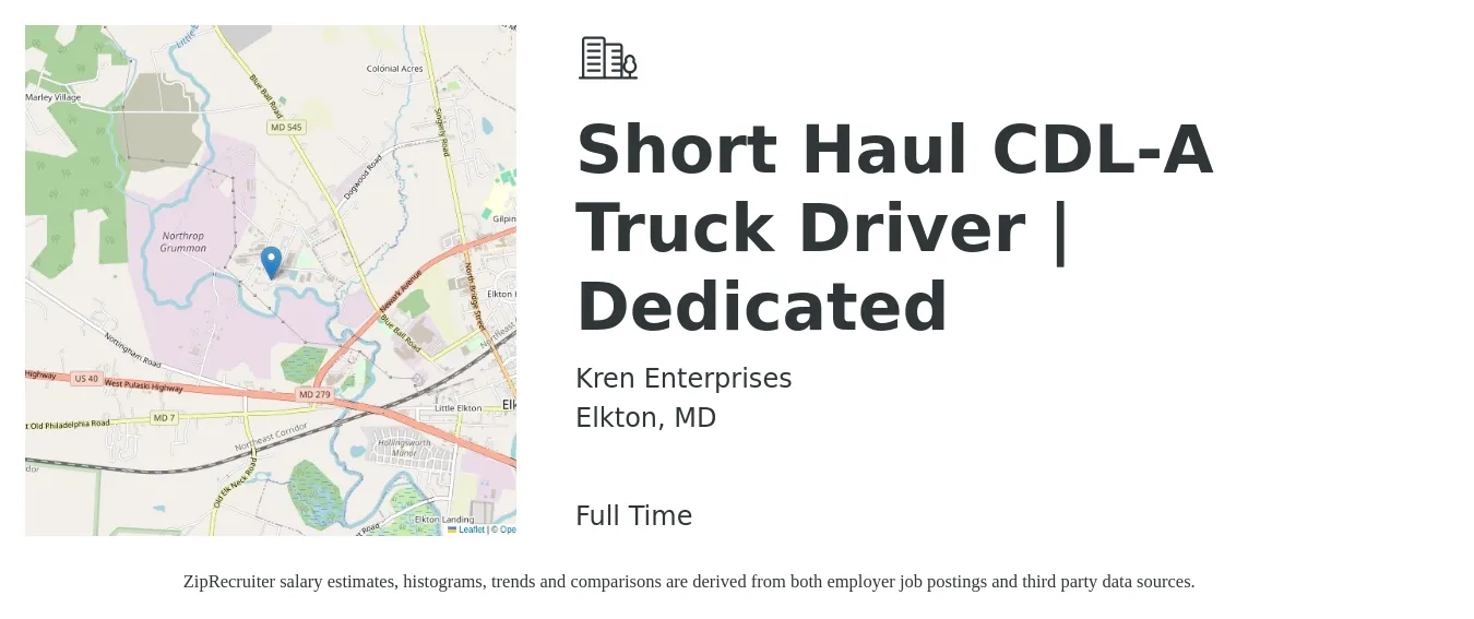 Kren Enterprises job posting for a Short Haul CDL-A Truck Driver | Dedicated in Elkton, MD with a salary of $1,890 Weekly with a map of Elkton location.
