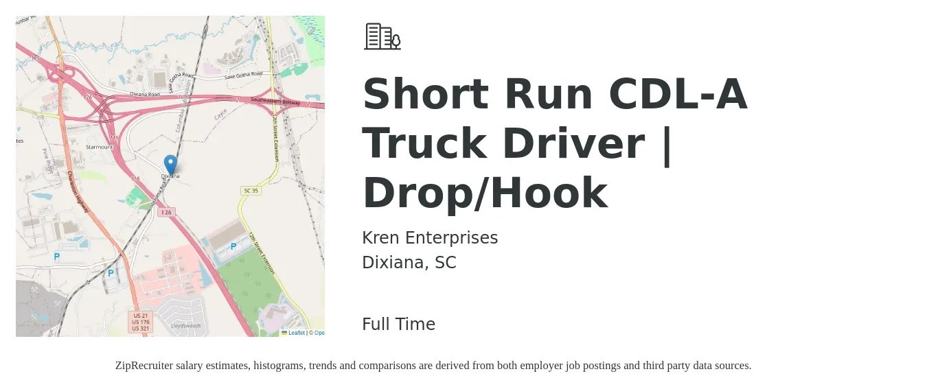 Kren Enterprises job posting for a Short Run CDL-A Truck Driver | Drop/Hook in Dixiana, SC with a salary of $1,890 Weekly with a map of Dixiana location.