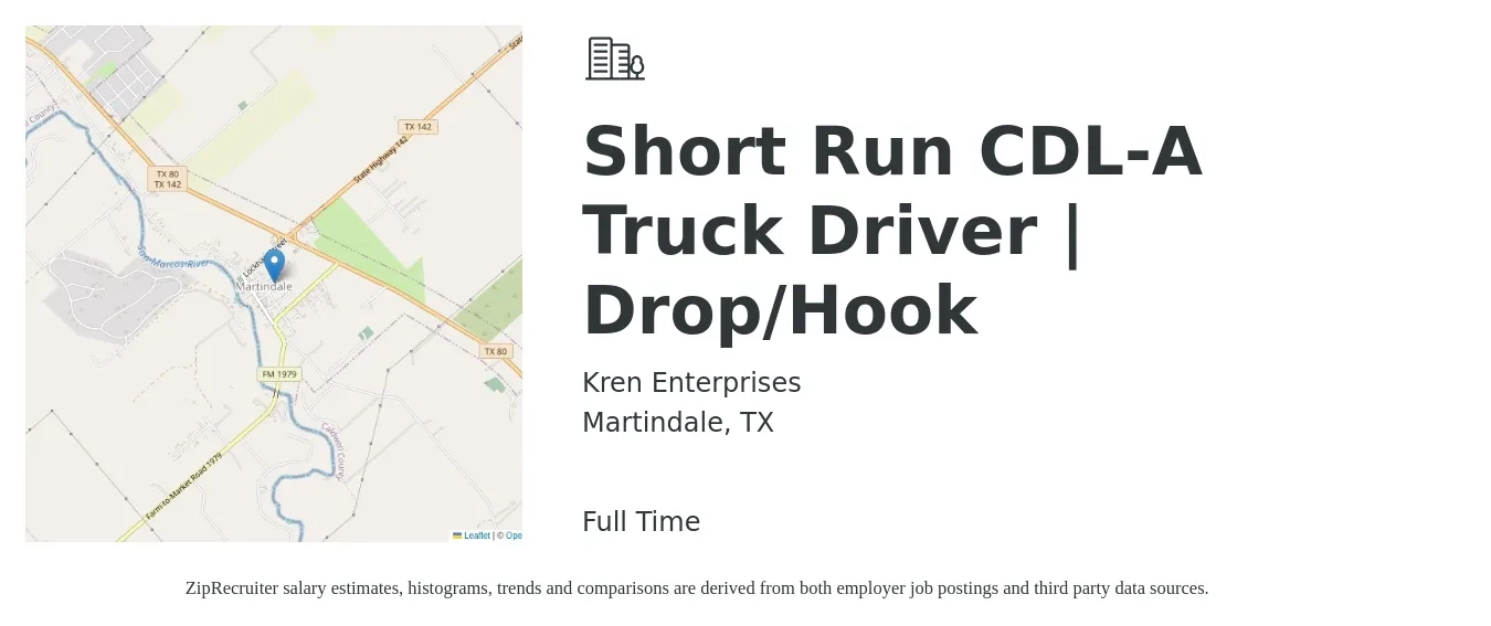 Kren Enterprises job posting for a Short Run CDL-A Truck Driver | Drop/Hook in Martindale, TX with a salary of $1,890 Weekly with a map of Martindale location.