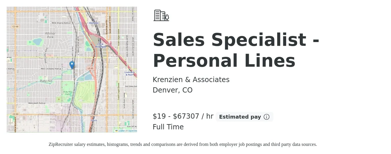 Krenzien & Associates job posting for a Sales Specialist - Personal Lines in Denver, CO with a salary of $20 to $70,000 Hourly with a map of Denver location.