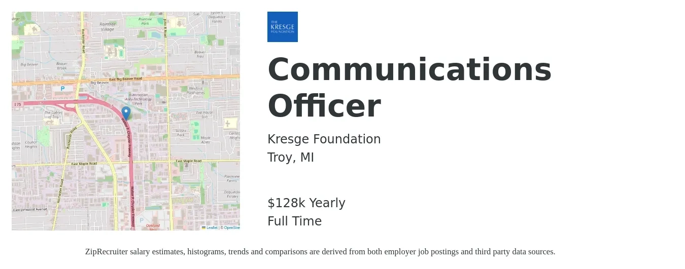 Kresge Foundation job posting for a Communications Officer in Troy, MI with a salary of $128,253 Yearly with a map of Troy location.