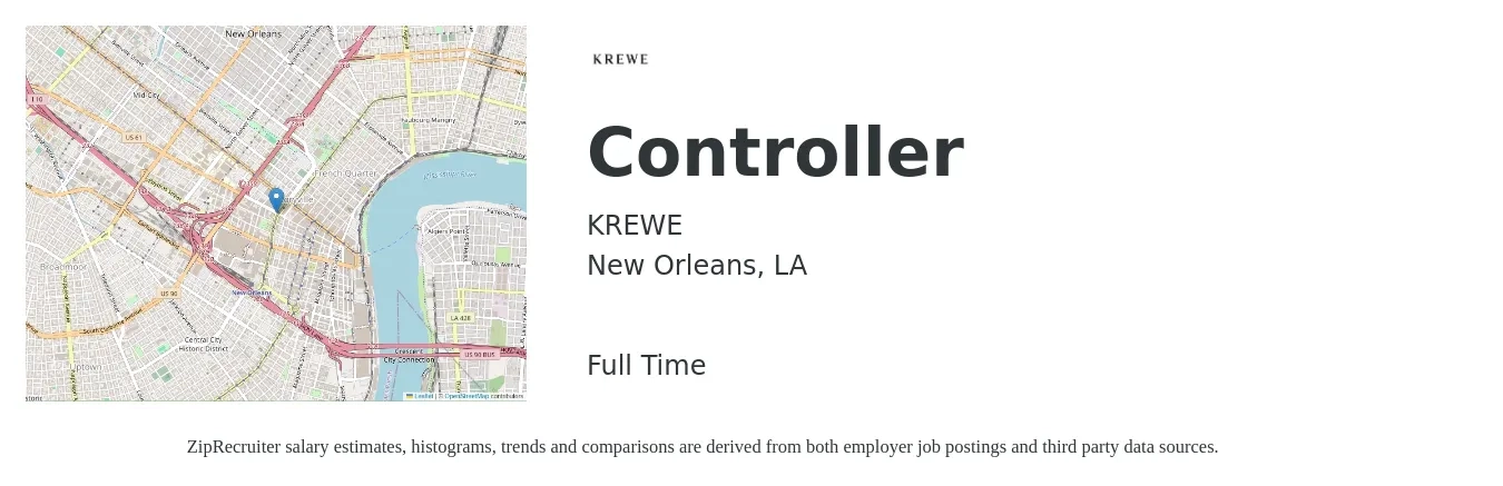 KREWE job posting for a Controller in New Orleans, LA with a salary of $92,200 to $131,600 Yearly with a map of New Orleans location.