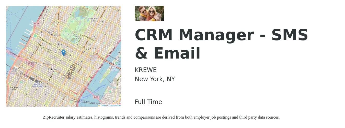 KREWE job posting for a CRM Manager - SMS & Email in New York, NY with a salary of $75,000 to $85,000 Yearly with a map of New York location.